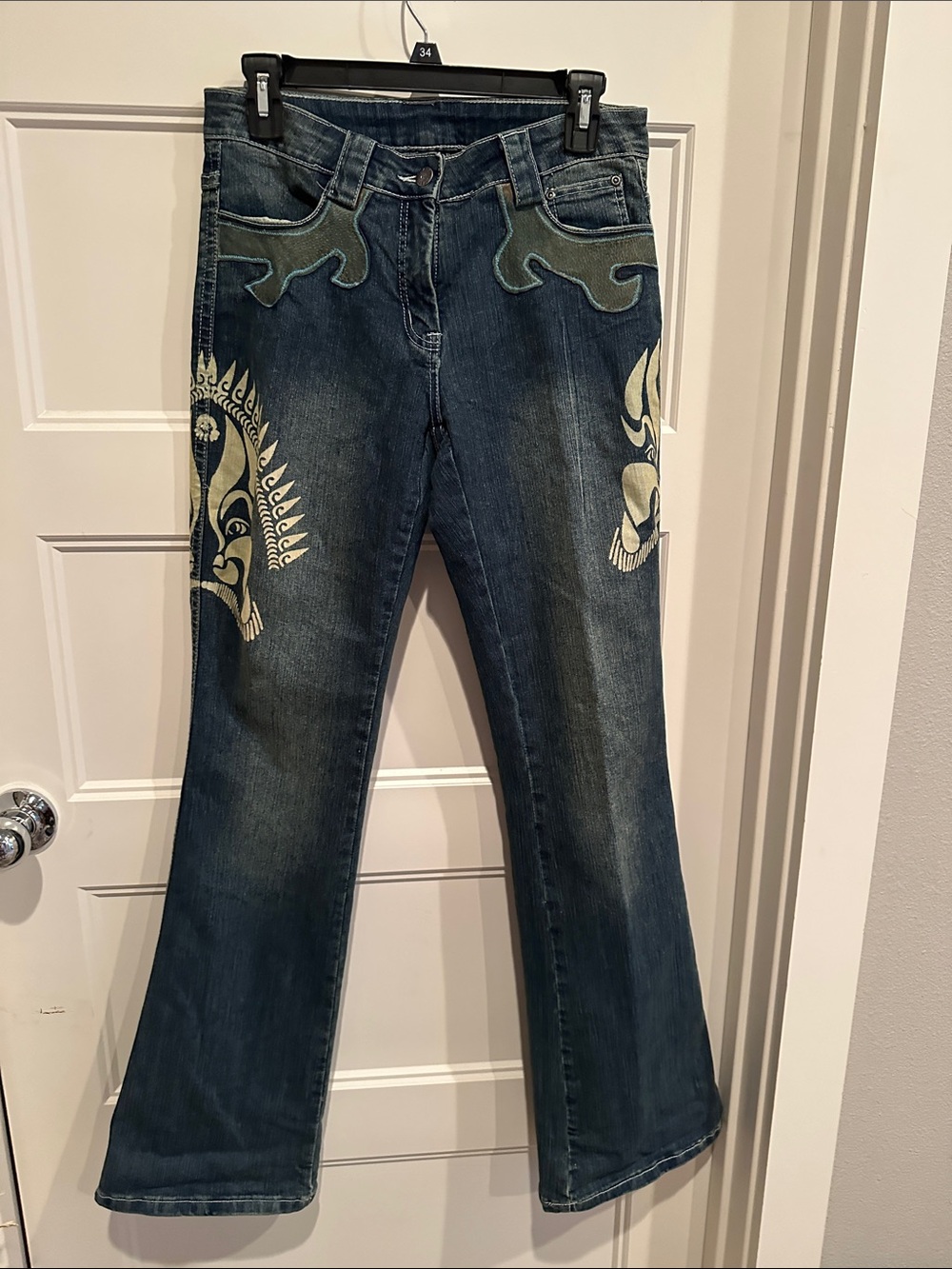 Dark Blue Embroidered Wide-Leg Jeans with Cream Graphic Accents